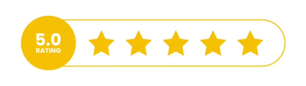 Five golden stars rating graphic indicating maximum customer satisfaction and premium quality verification.