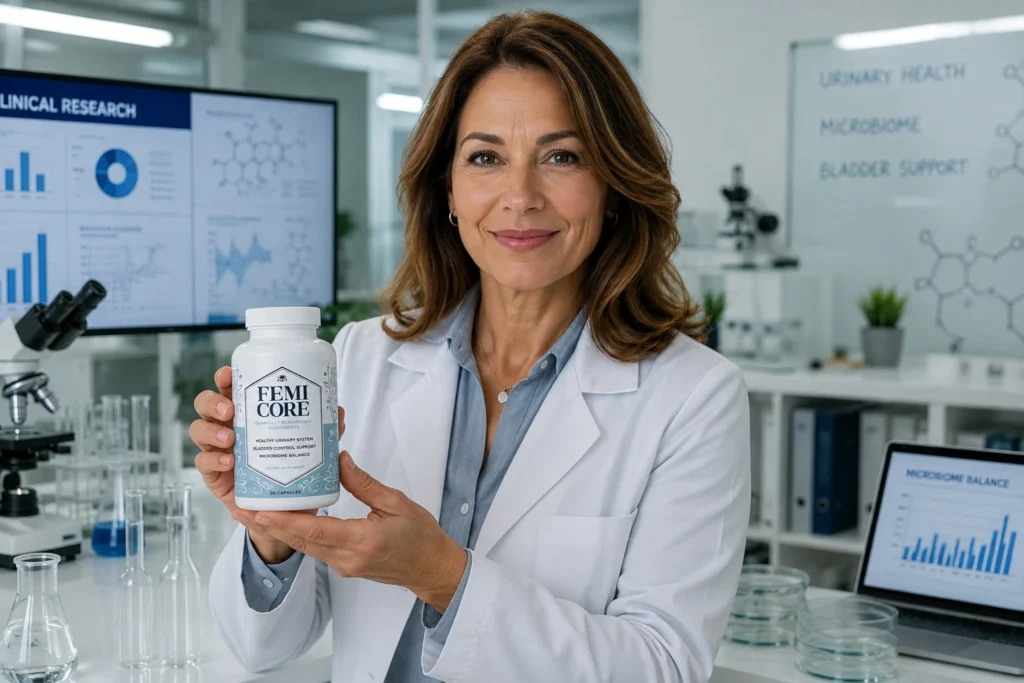 A professional female scientist or doctor in a laboratory holding a bottle of Femicore, validating clinical safety.