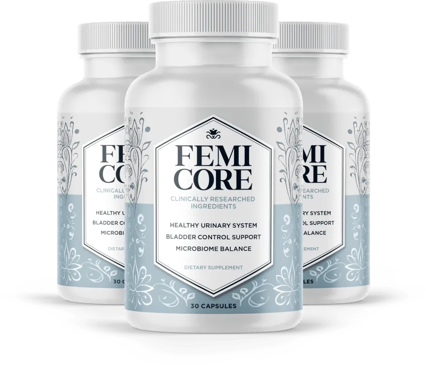 Three bottles package layout of Femicore supplement for an optimized ninety days tracking option.
