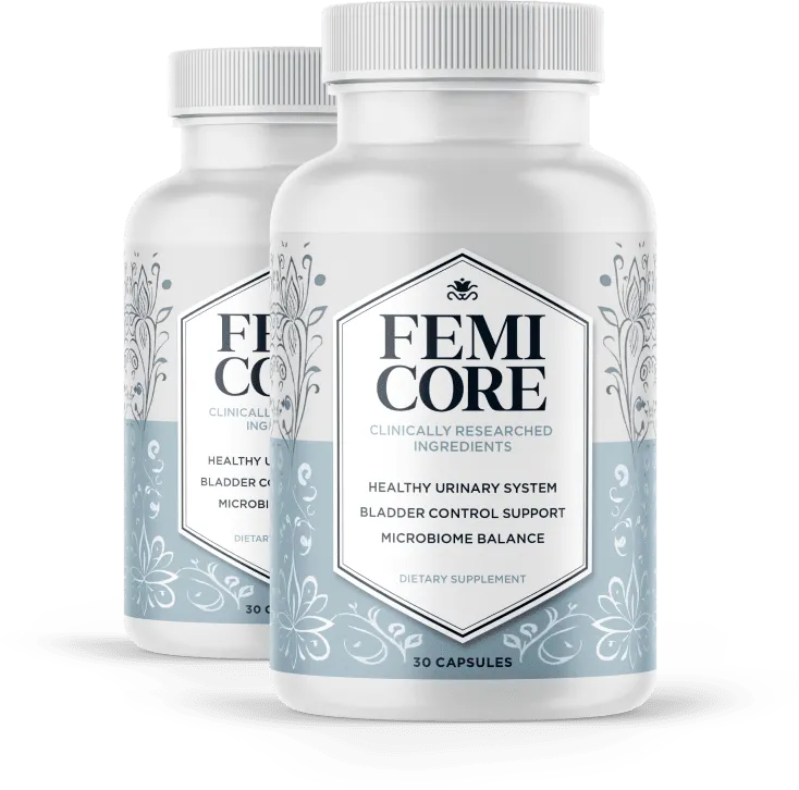 Two bottles package of Femicore intimate care formula for entry-level urinary track defense.