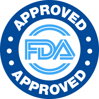 Blue circular FDA Approved facility badge symbolizing laboratory safety and compliance.